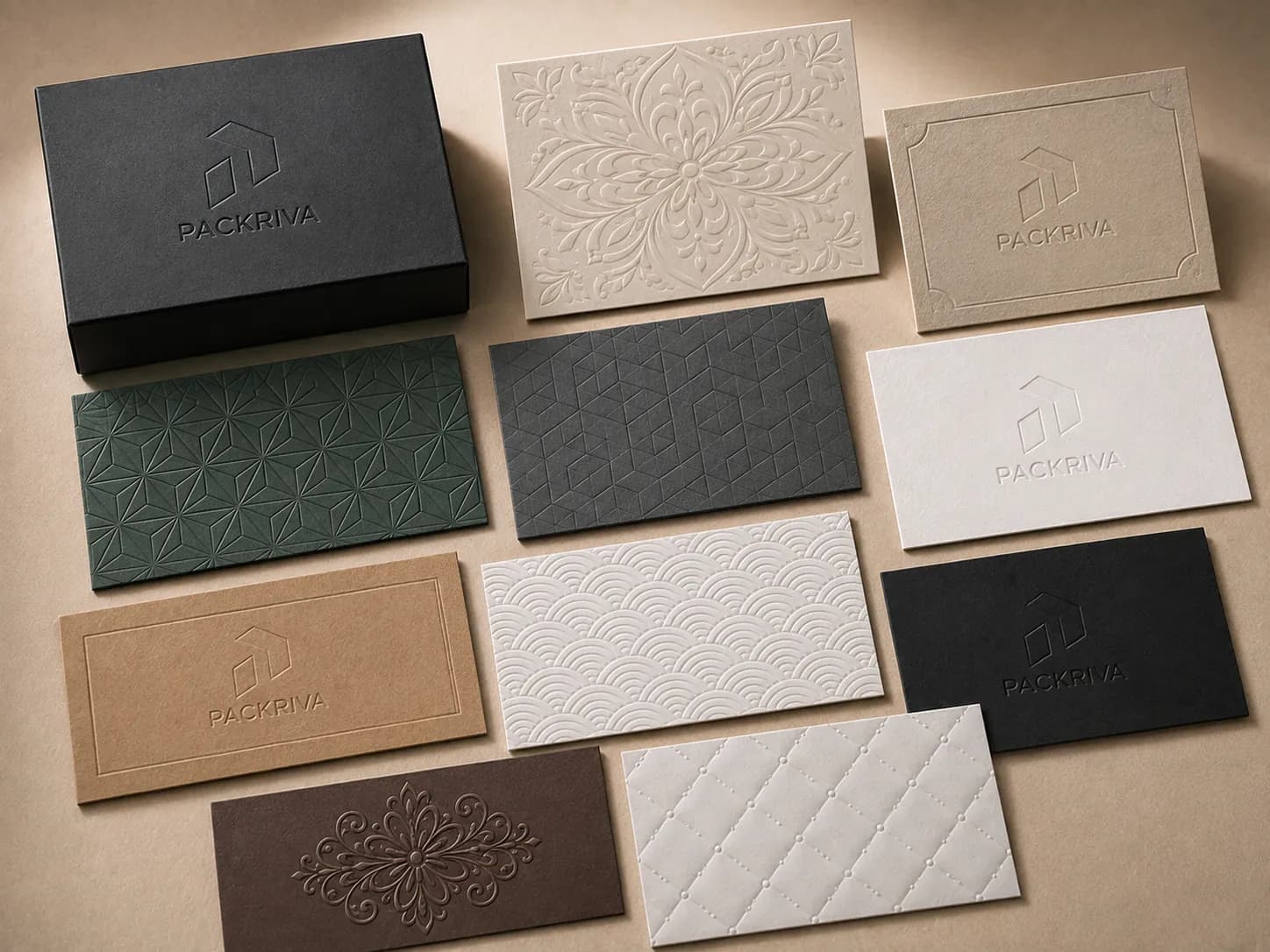 Embossed PACKRIVA branding and patterns on premium paper samples