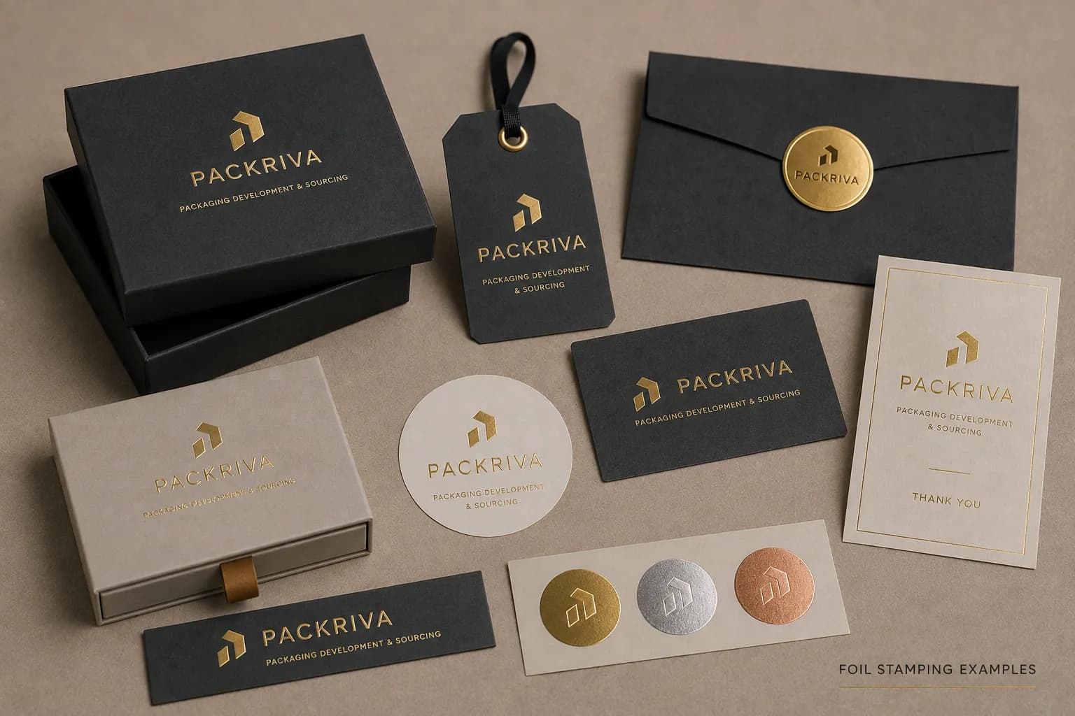 PACKRIVA branding with metallic foil stamping on premium paper and packaging samples