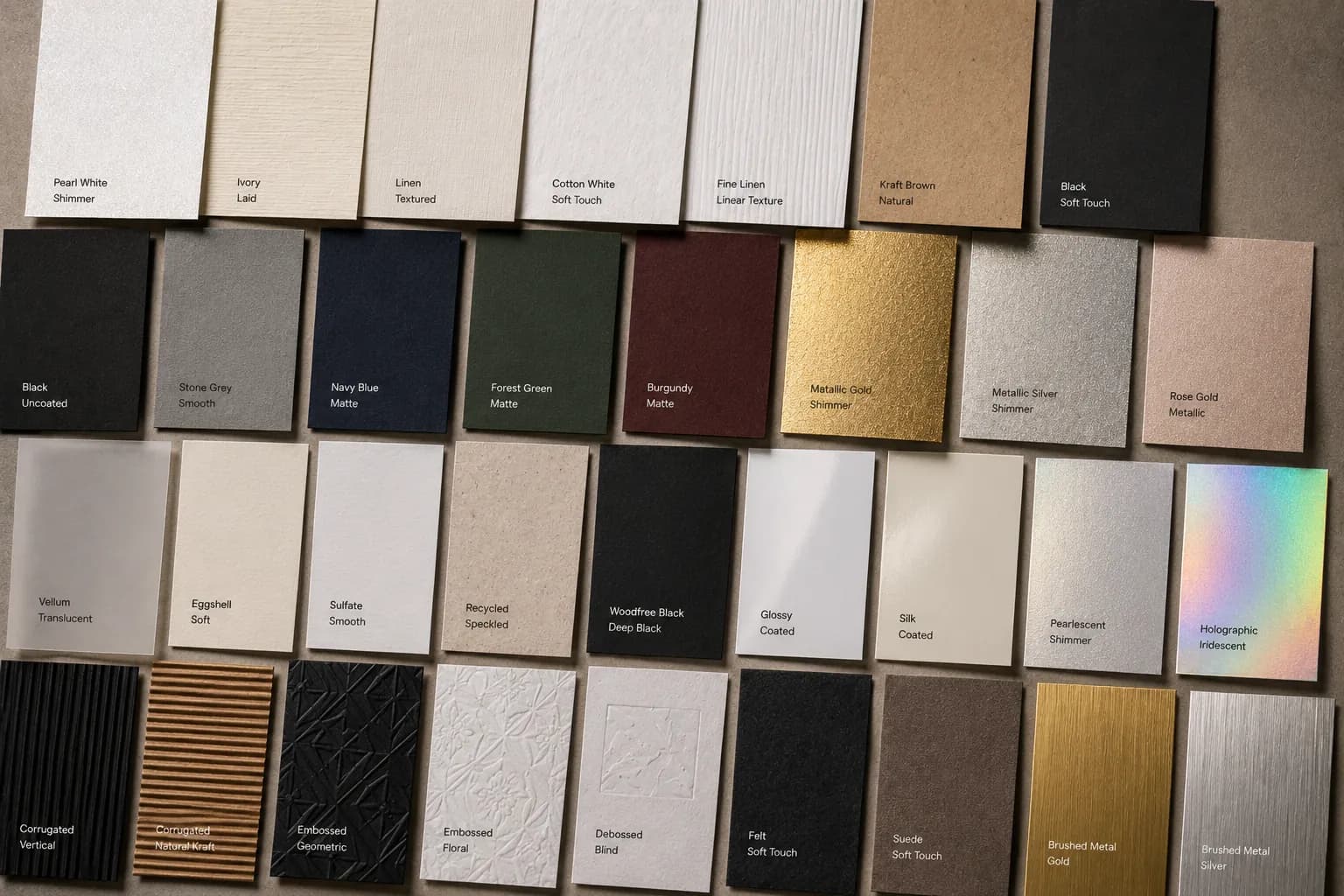 Premium specialty paper samples in varied colors, textures, and finishes