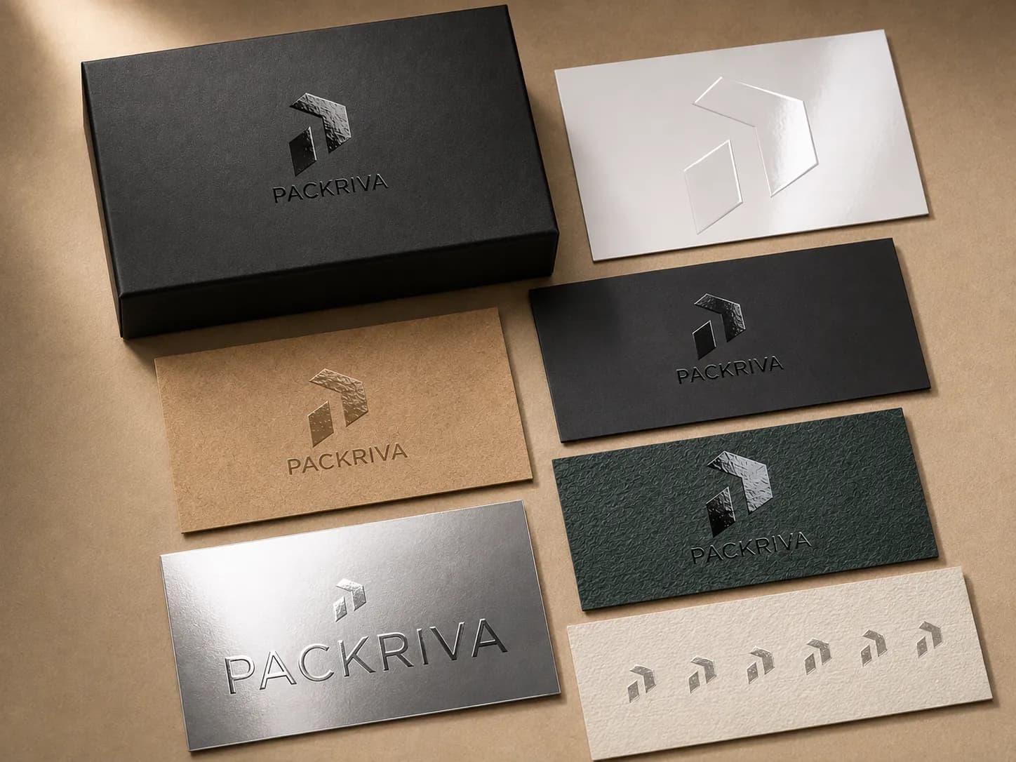 PACKRIVA branding with glossy spot UV detail on matte paper samples