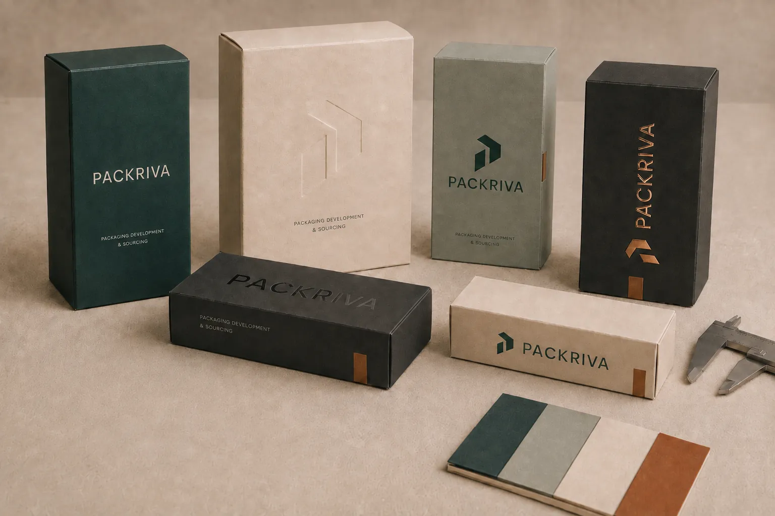 PACKRIVA branded folding carton packaging samples