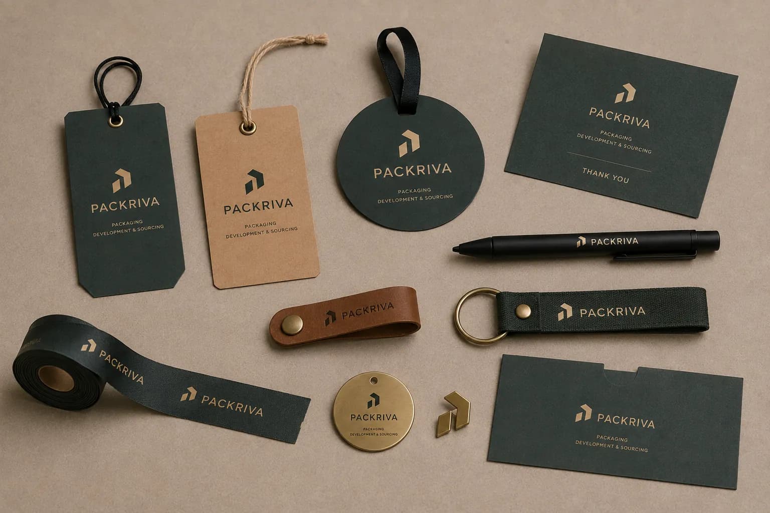 PACKRIVA branded tags, cards, ribbons, keychains, and printed packaging accessories