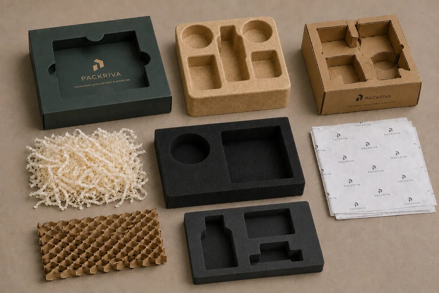 Paperboard, molded fiber, foam, and paper packaging insert samples