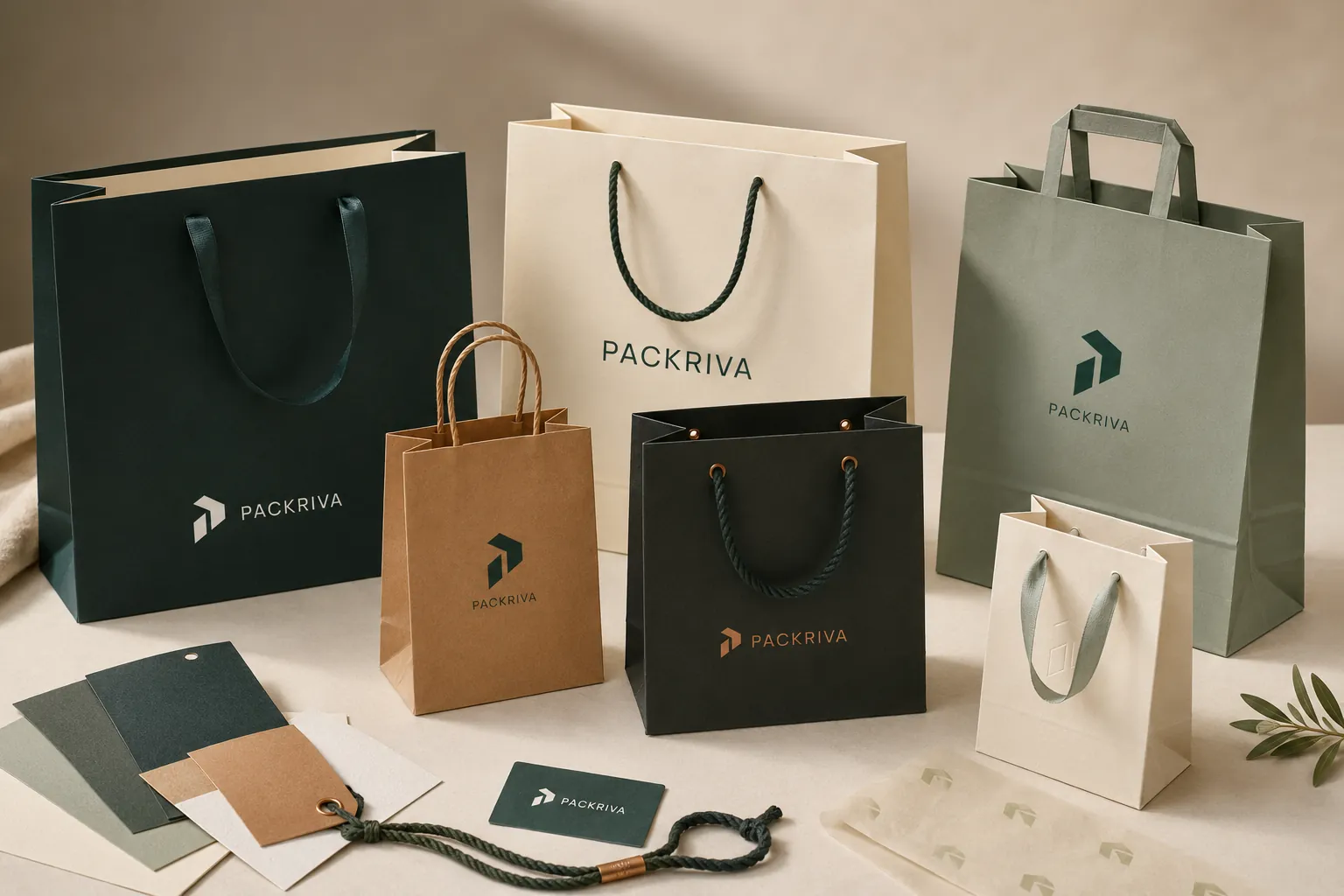 PACKRIVA branded paper bag samples with varied handles