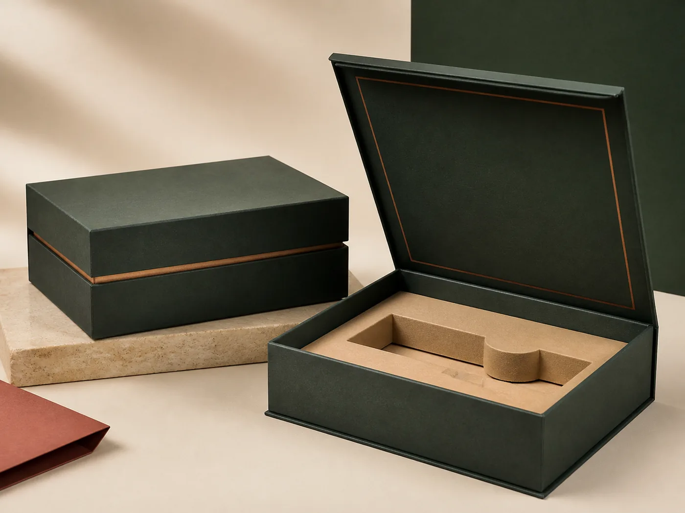 Premium rigid presentation boxes with a fitted paperboard insert