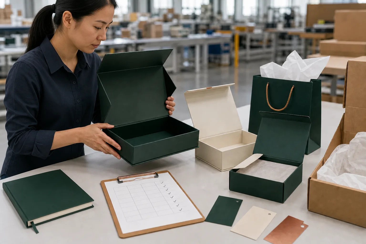 Inspector reviewing finished packaging against a documented checklist