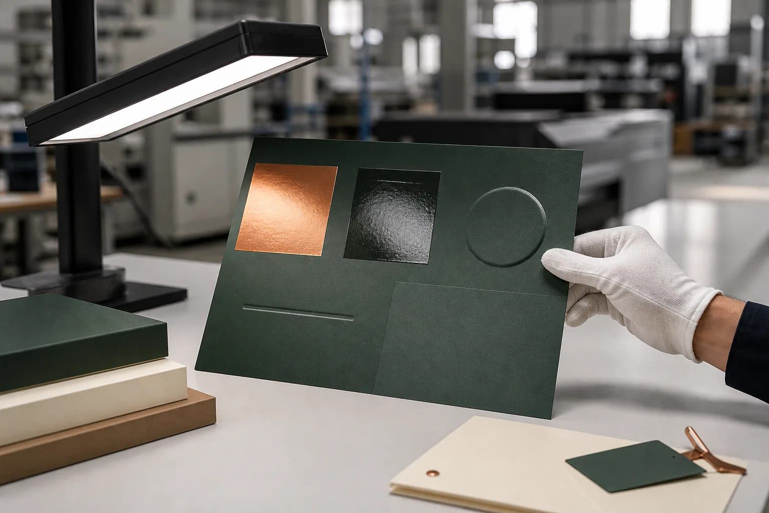 Packaging finish samples being checked under an inspection light