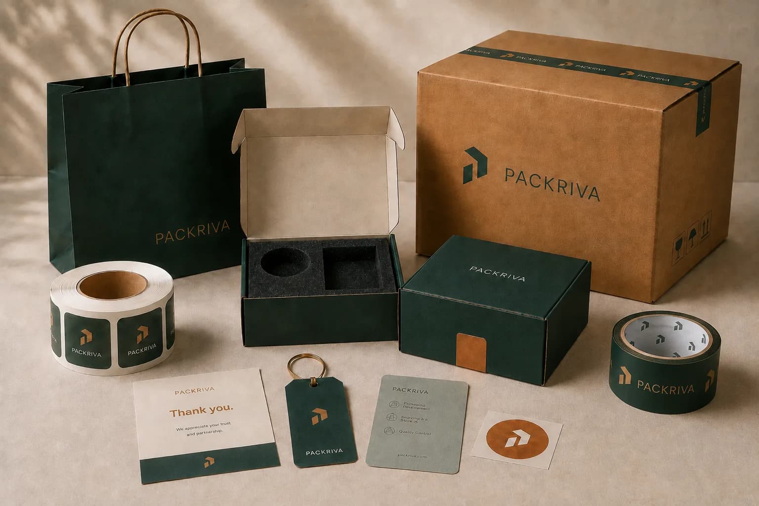 PACKRIVA packaging boxes, a paper bag, labels, cards and branded tape arranged together