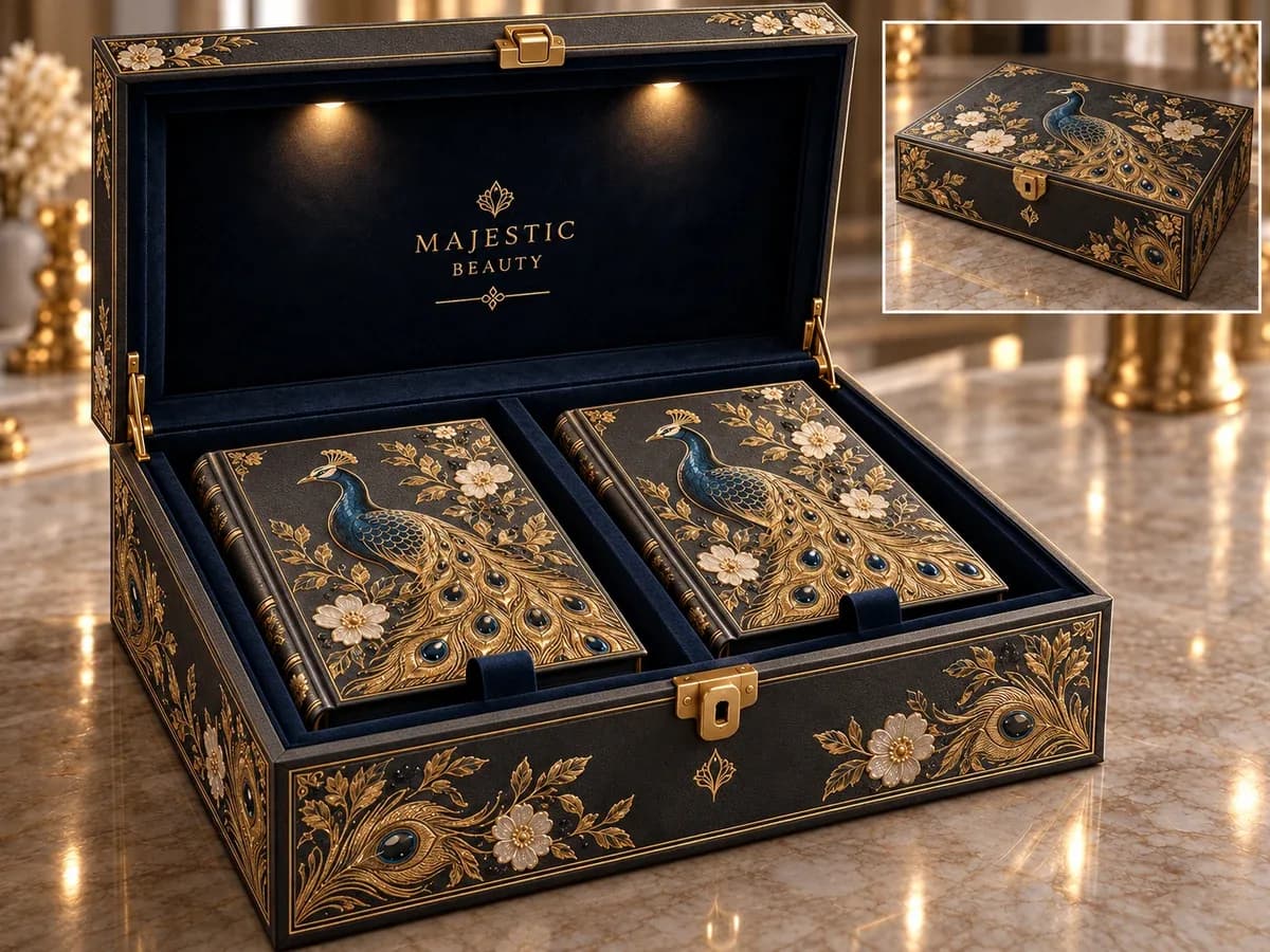 Open decorative gift box displaying two matching presentation boxes, with a closed-box inset